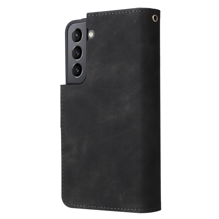 Black leather phone wallet case, front view with camera cutouts and flip cover