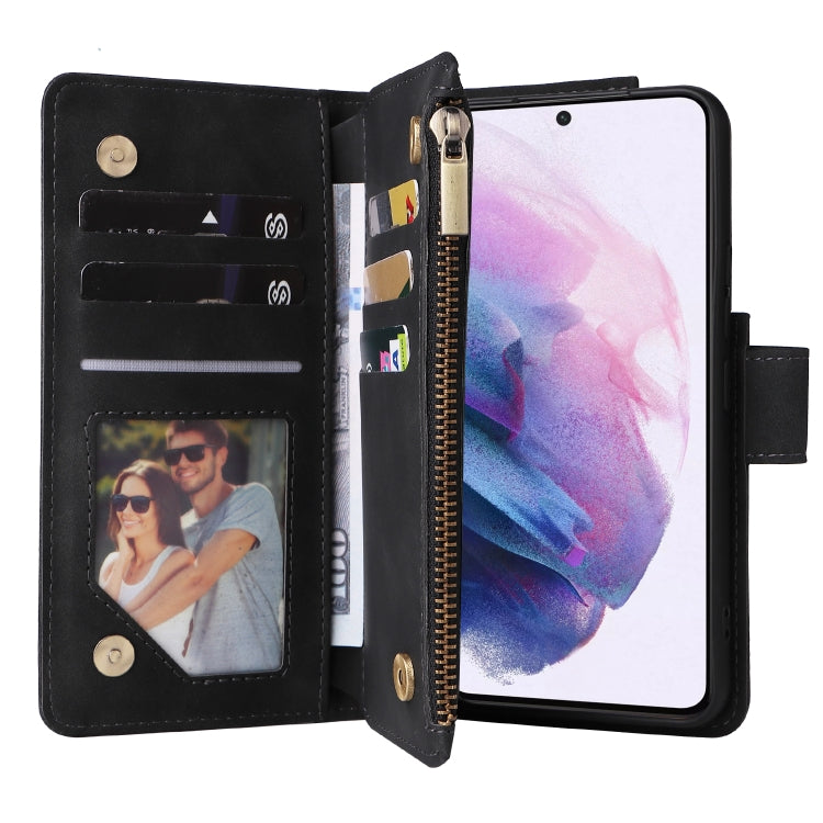 Black leather wallet phone case opened, showing card slots, ID window, and zipper