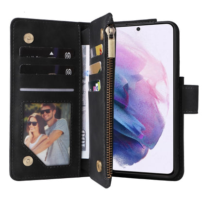 Black leather wallet phone case opened, showing card slots, ID window, and zipper