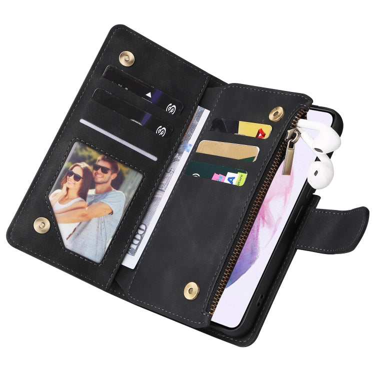 Black leather wallet phone case opened, card slots and ID window with zipper closure