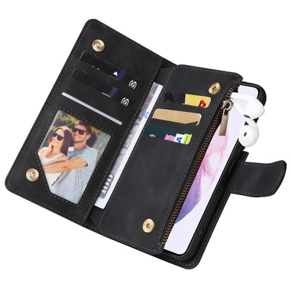 Black leather wallet phone case opened, card slots and ID window with zipper closure