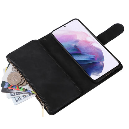 Black leather phone wallet case with zipper pouch, phone inside and wrist strap