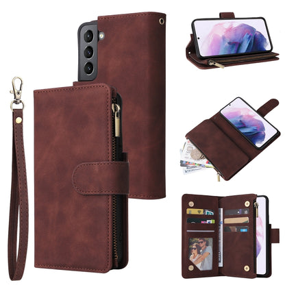 Burgundy leather phone wallet case with wrist strap, zipper pocket, and card slots