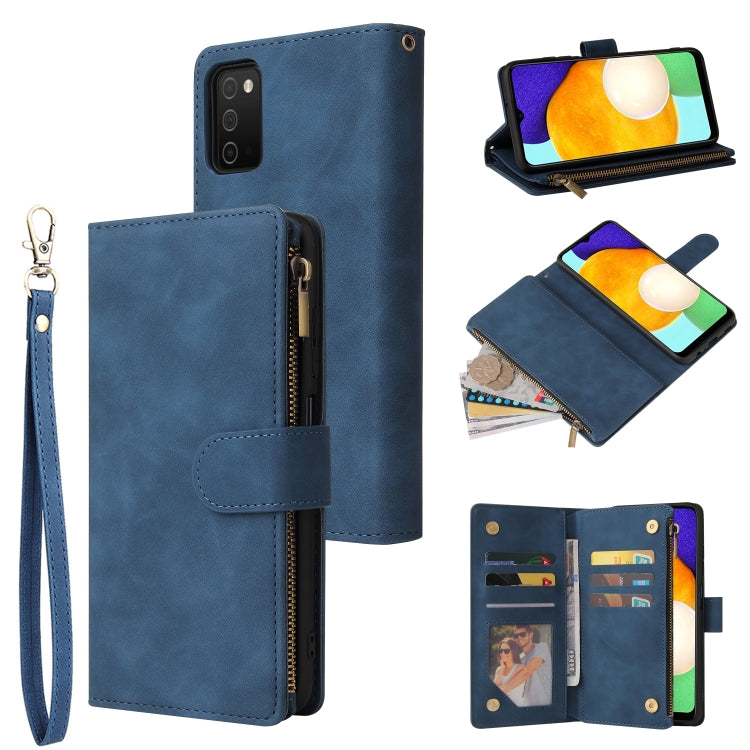 Blue leather wallet phone case with wrist strap, zipper closure, and card slots