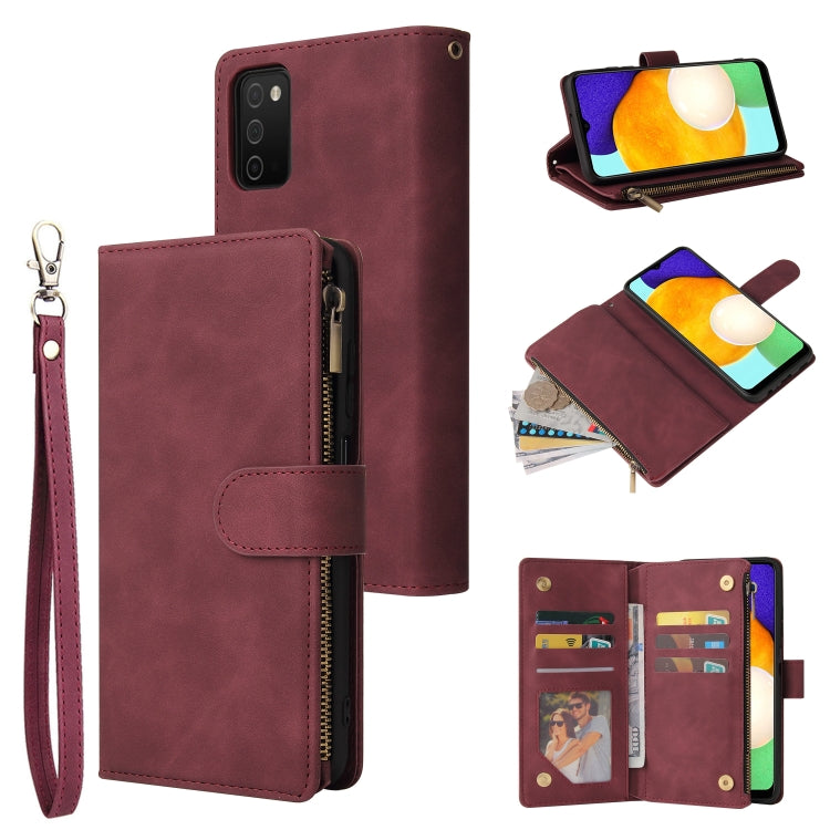 Wine red leather phone wallet case with wrist strap, zipper closure, and card slots