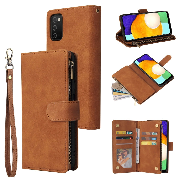 Brown leather phone wallet case with wrist strap, zipper closure, and card slots