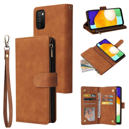 Brown leather phone wallet case with wrist strap, zipper closure, and card slots