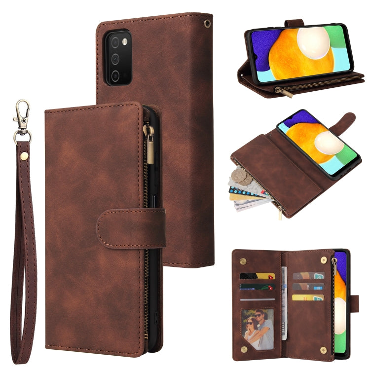 Espresso-brown leather phone wallet case with wrist strap, zipper closure, and card holder