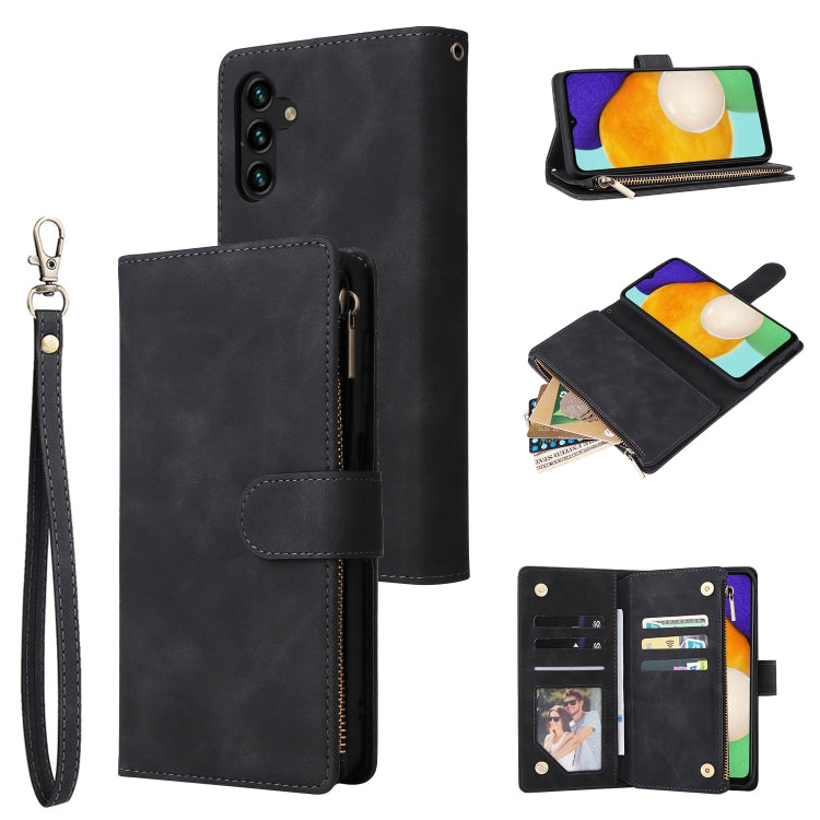 Black leather phone wallet case with wrist strap, zipper pocket and card holder