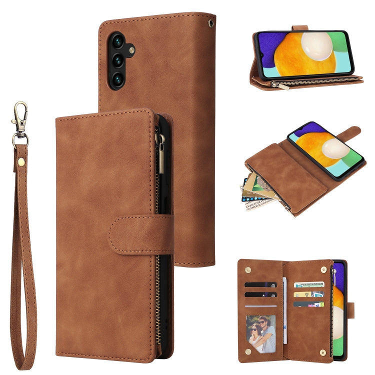Brown leather phone wallet case with wrist strap, zipper, and interior card compartments
