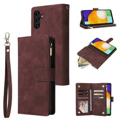 Dark brown leather phone wallet case with wrist strap, zipper pocket, and card compartments