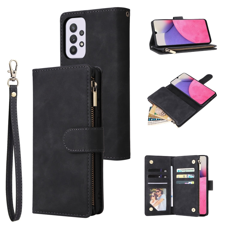 Black leather phone wallet case with wrist strap, front zipper pocket and card slots