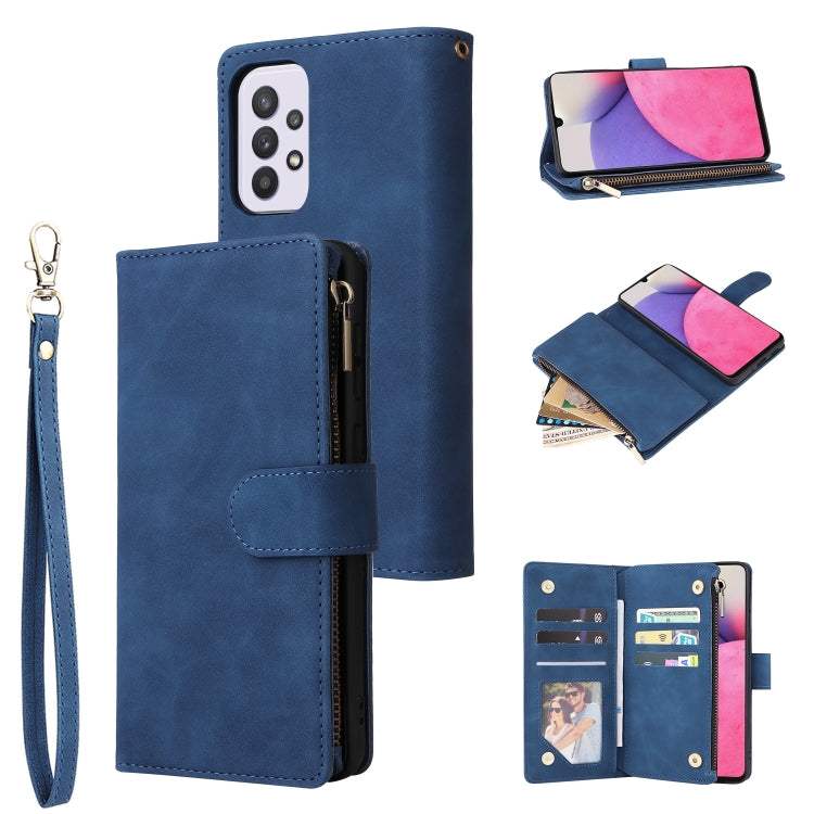 Blue leather wallet phone case with wrist strap, zipper closure, and card slots
