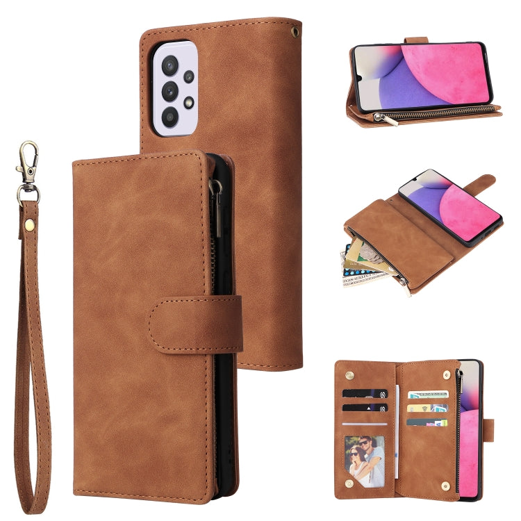 Brown leather phone wallet case with wrist strap, zipper closure, and card holder slots