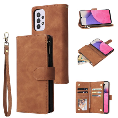 Brown leather phone wallet case with wrist strap, zipper closure, and card holder slots