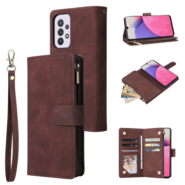 Brown leather phone wallet case with wrist strap, zipper closure, and built-in card slots