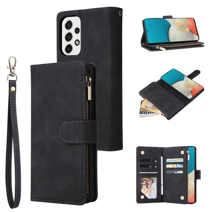 Black leather wallet phone case with wrist strap, zipper, and card slots