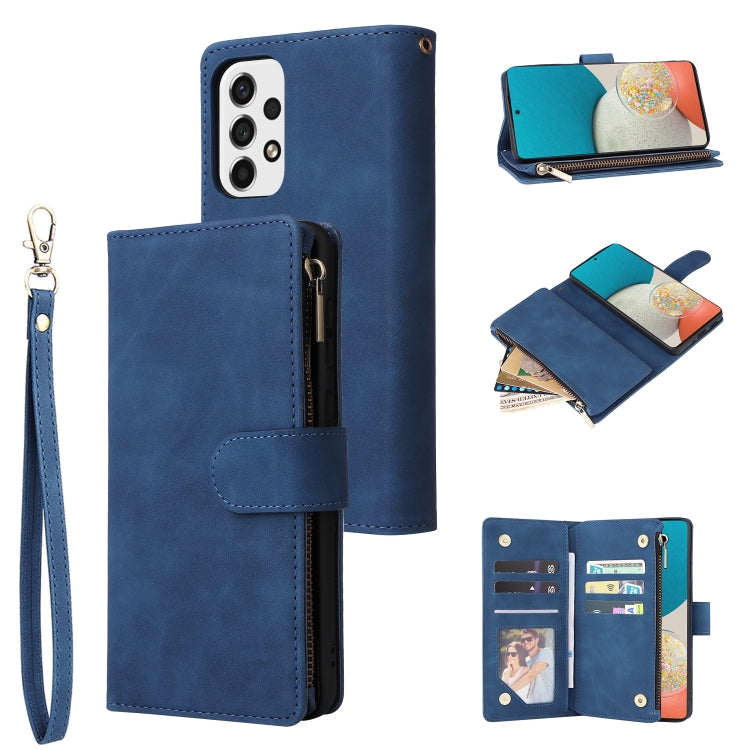 Blue leather wallet phone case with wrist strap, zipper pocket, and card cardholder
