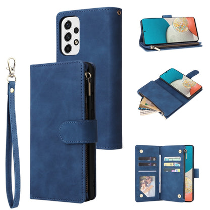 Blue leather wallet phone case with wrist strap, zipper pocket, and card cardholder