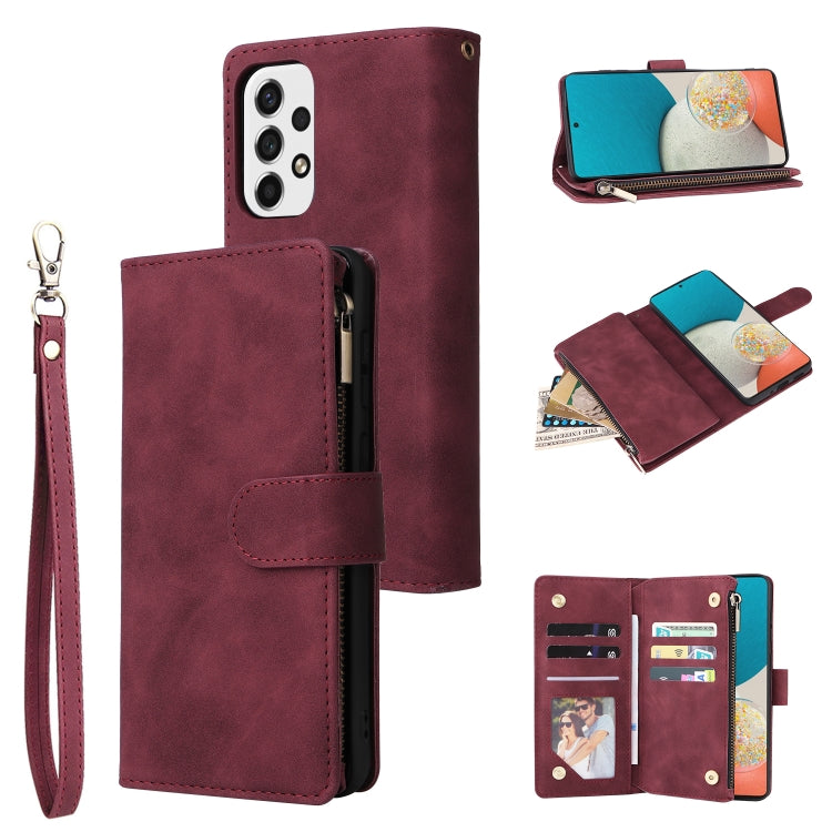Wine red leather phone wallet case with wrist strap, zipper, and interior card slots