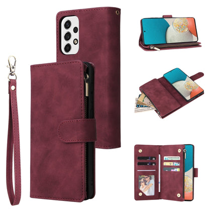 Wine red leather phone wallet case with wrist strap, zipper, and interior card slots