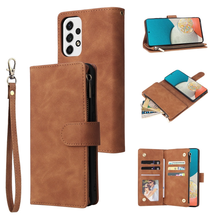 Tan-brown leather phone wallet case with wrist strap, zipper pocket, and card slots