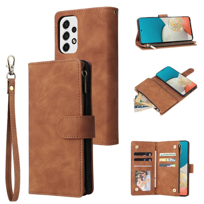 Tan-brown leather phone wallet case with wrist strap, zipper pocket, and card slots