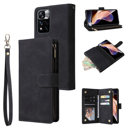 Black leather folio phone wallet case with wrist strap, zipper pouch, card holders