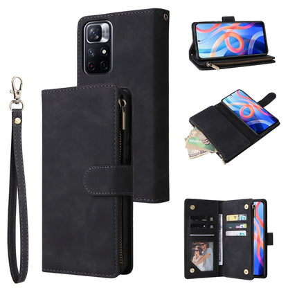 Black leather wallet phone case with wrist lanyard, zip closure, and card slots