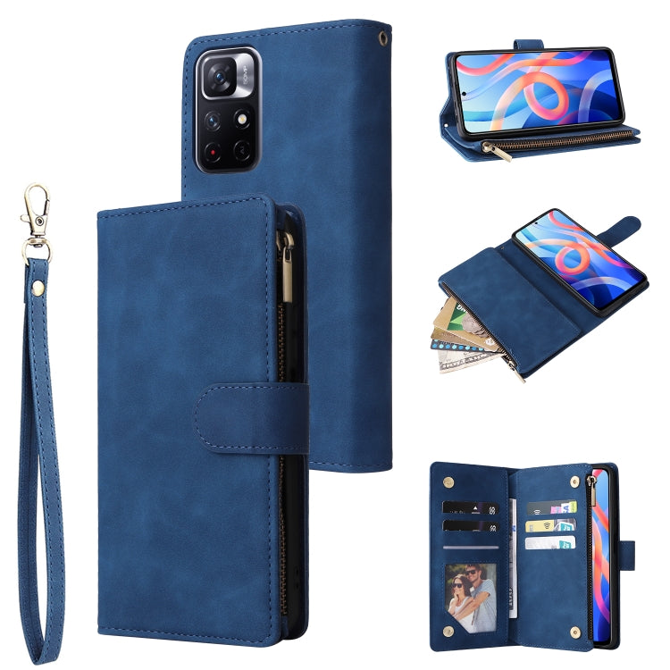 Blue leather wallet phone case with wrist lanyard, zipper pocket, and card slots