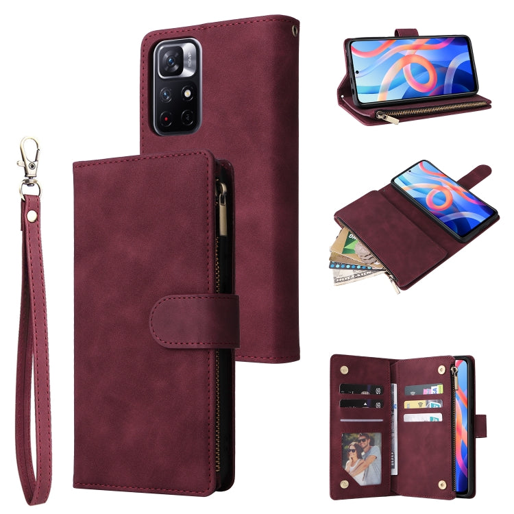 Wine red leather phone wallet case with wrist strap, zipper closure, and card compartments