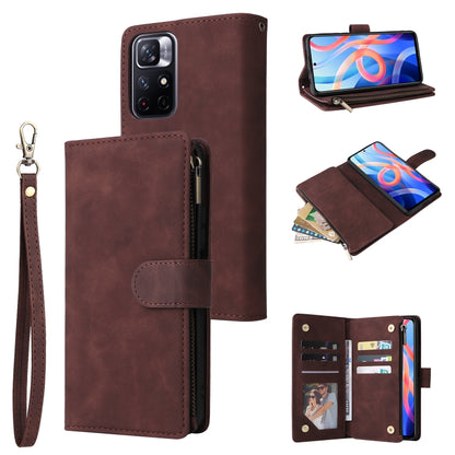 Brown leather phone wallet case with zipper, card slots, wrist strap and folio stand