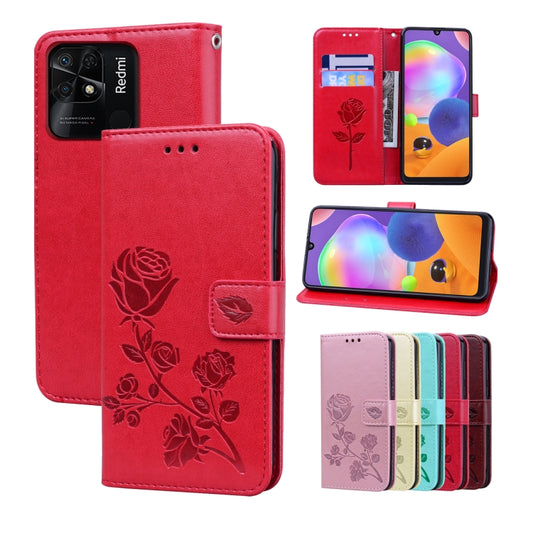 Red rose-embossed leather wallet phone case with folio cover and cutouts