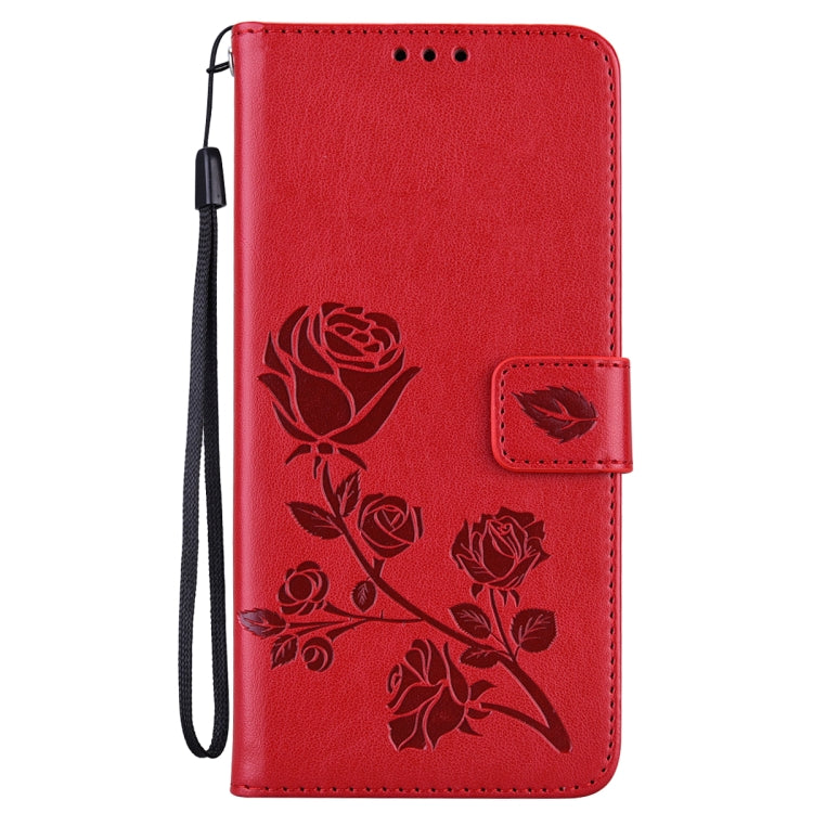 Red leather wallet phone case with rose floral design and wrist strap