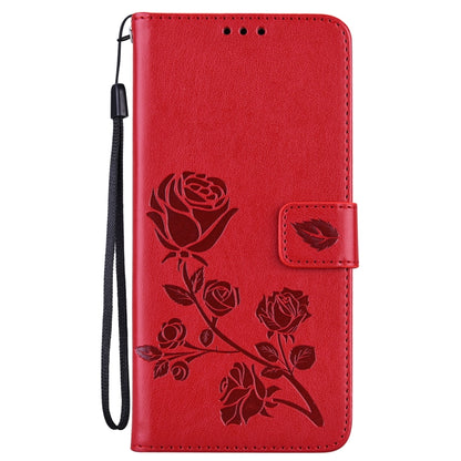 Red leather wallet phone case with rose floral design and wrist strap