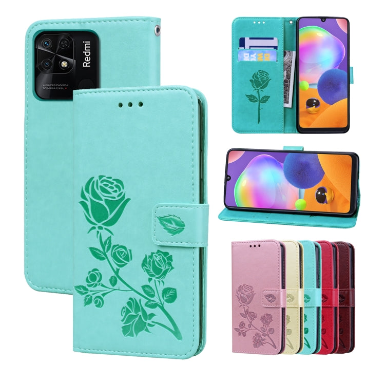 Teal leather wallet phone case with rose floral design and card holder