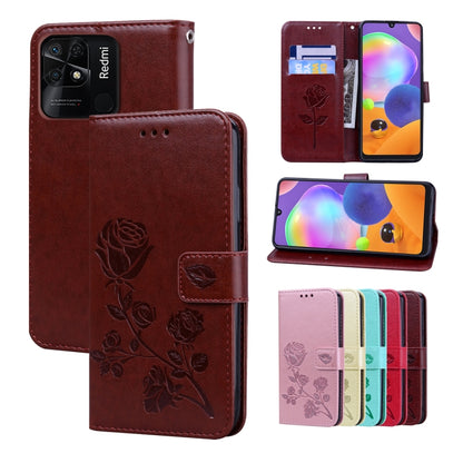 Leather-look phone folio case with rose embossing and floral pattern, burgundy