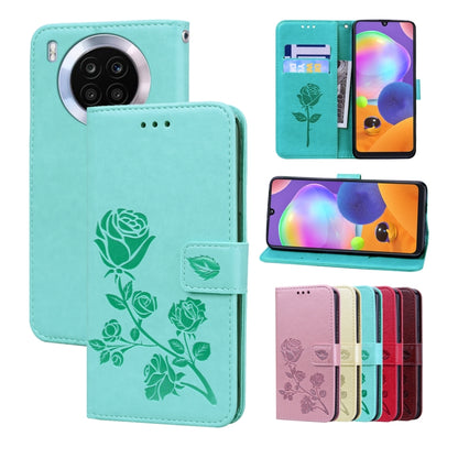 Leather-look phone folio case with rose embossing and floral pattern, teal