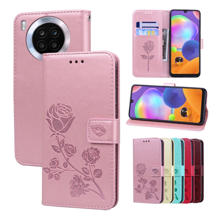 Leather-look phone folio case with rose embossing and floral pattern, pink