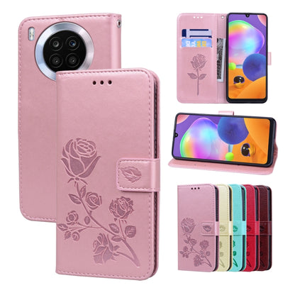 Leather-look phone folio case with rose embossing and floral pattern, pink