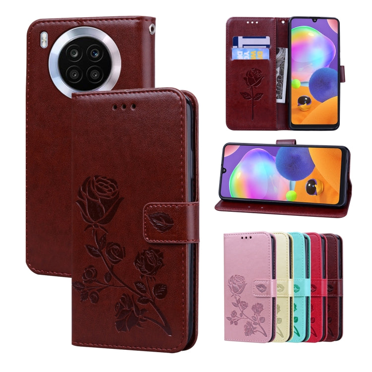 Leather-look phone folio case with rose embossing, front flap and floral design, burgundy