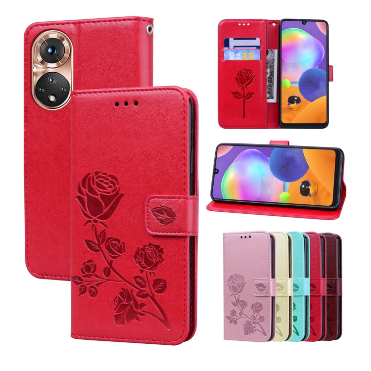 Leather-look phone folio case with rose embossing, front flap and floral design, red