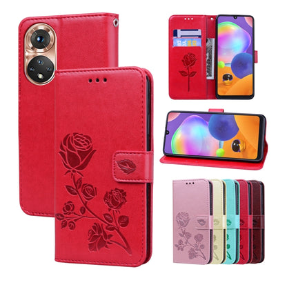 Leather-look phone folio case with rose embossing, front flap and floral design, red