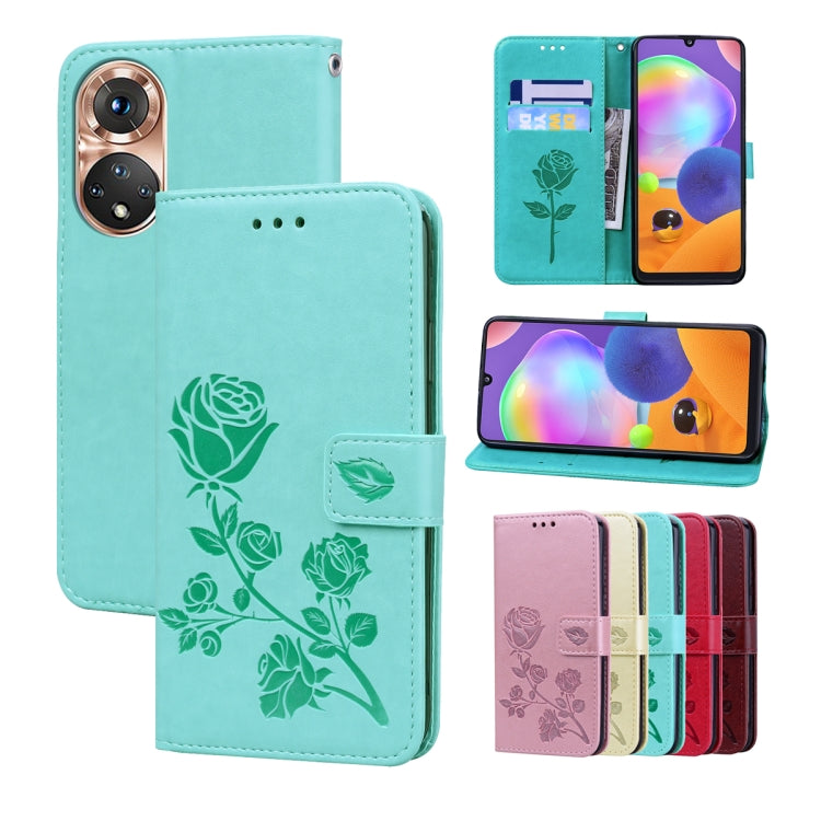 Leather-look phone folio case with rose embossing, front flap and floral design, teal