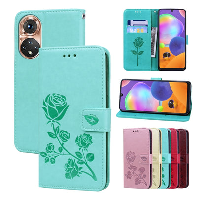 Leather-look phone folio case with rose embossing, front flap and floral design, teal