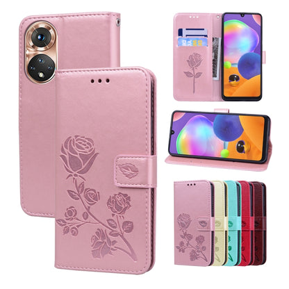 Leather-look phone folio case with rose embossing, front flap and floral design, pink