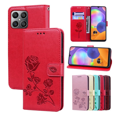 Rose-embossed leather phone case, red folio with card holder and camera cutout