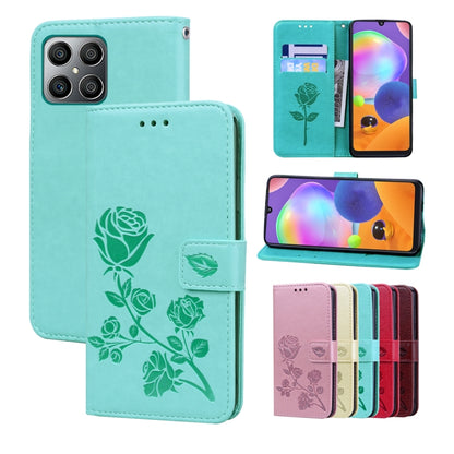 Rose-embossed leather phone case, teal folio with rose cutout and card slot