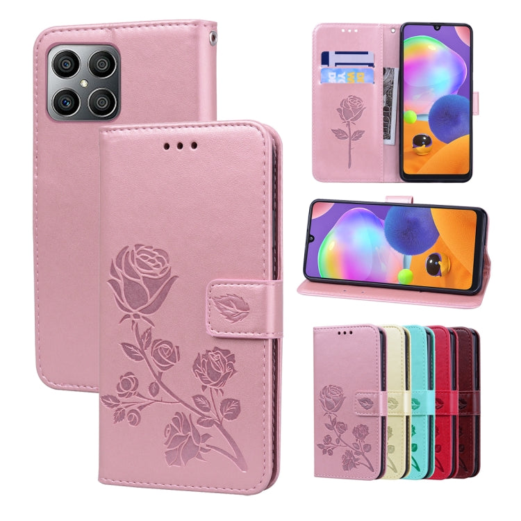 Rose-embossed leather phone case, pink folio with rose pattern and card holder