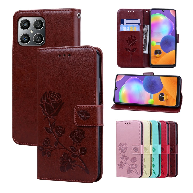 Rose-embossed leather phone case, brown folio with rose pattern and card holder
